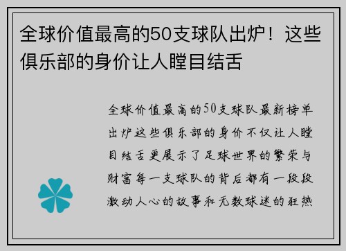 全球价值最高的50支球队出炉！这些俱乐部的身价让人瞠目结舌